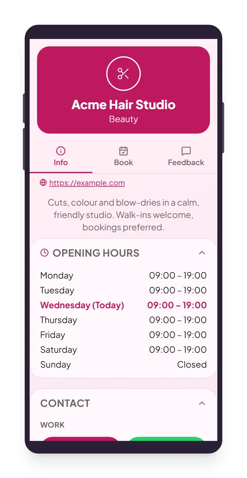 A pink salon page with a rounded header, opening hours and booking tabs